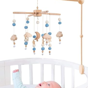 BlueMello Starry Night Baby Mobile Toy and Mobile Arm Holder 2 in 1 Set for Crib | Wooden Beads and Stars Bed Hanger for Boys and Girls | Hanging Nursery Decor for Bassinet | Perfect Baby Shower Gift’