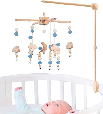 BlueMello Starry Night Baby Mobile Toy and Mobile Arm Holder 2 in 1 Set for Crib | Wooden Beads and Stars Bed Hanger for Boys and Girls | Hanging Nursery Decor for Bassinet | Perfect Baby Shower Gift'