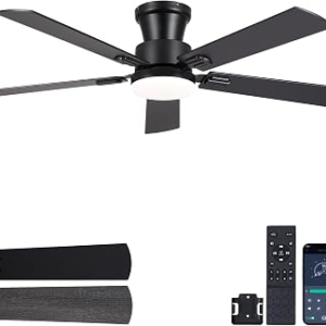 NKPU 52 Inch Black Ceiling Fan with Lights, Modern Low Profile Ceiling Fan with Remote & APP Control, Quiet DC Motor, 6 Speeds, Dimmable LED Light, Dual-Sided Wood Blades for Bedroom Living Room