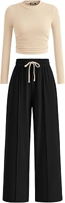 BTFBM Casual Ribbed 2 Piece Sets For Women Fall 2026,Beige Black,S