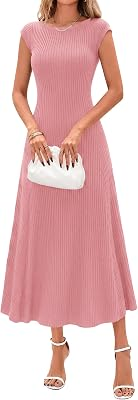 BTFBM Womens Summer Dresses 2026 Asymmetrical Neck Short Sleeve Pleated Knit Spring Sweater Midi Dress Business Casual(Pink, Small)