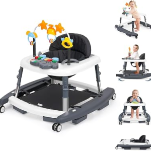 5-in-1 Music and Lights Foldable Baby Walker, Baby Walker with Wheels Portable with 5 Adjustable Heights, Infant Toddler Walker for Baby Boy Girls 6-18 Months（Grey）