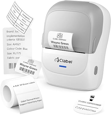 CLABEL Thermal Label Maker Machine 221B Mini Portable Label Printer Thermal Labeling Printing Machine Sticker Bluetooth Label Printer Barcode Inkless Labelmaker for Price Logo Clothing (Gray White)