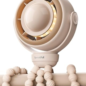 SWEETFULL Baby Stroller Fan – 4000mAh Rechargeable 4-Speed Quiet with LED Display & Night Light, Mini Portable 360° Clip On Safe Fan for Car Seat, Crib, Travel – Brown