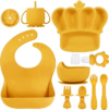 Silicone Baby Feeding Set 10 Pcs Baby Led Weaning Supplies Baby Essentials | Suction Bowl Divided Plate Baby Bibs Fruit Feeder Baby Spoons Forks Sippy Cup Toddler Utensil Sets Baby Essentials