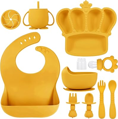 Silicone Baby Feeding Set 10 Pcs Baby Led Weaning Supplies Baby Essentials | Suction Bowl Divided Plate Baby Bibs Fruit Feeder Baby Spoons Forks Sippy Cup Toddler Utensil Sets Baby Essentials