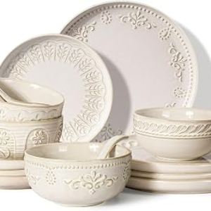 Plates And Bowls Sets, 16 Pieces Dinnerware Sets, Dish Set For 4, Ceramic Kitchen Bowl And Plate Set, Embossed White Dishware Sets, Dishwasher & Microwave Safe (Multiple Patterns)