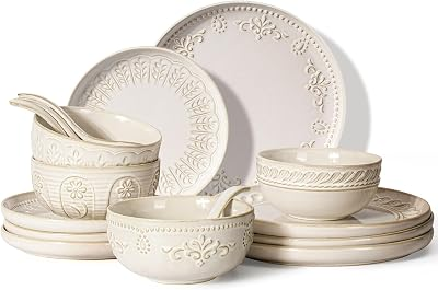 Plates And Bowls Sets, 16 Pieces Dinnerware Sets, Dish Set For 4, Ceramic Kitchen Bowl And Plate Set, Embossed White Dishware Sets, Dishwasher & Microwave Safe (Multiple Patterns)