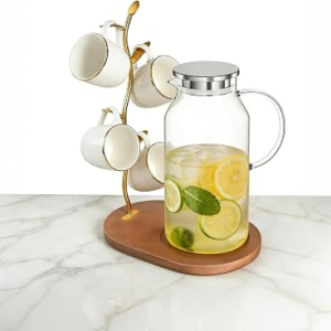 Gold Coffee Mug Tree with Wooden Base, 5-Hook Coffee Mug Stand for Kitchen Counter, Elegant Metal Mug Tree for Counter, Mug Holder for Coffee Mugs, Tea Cups, Home Decor & Housewarming Gift