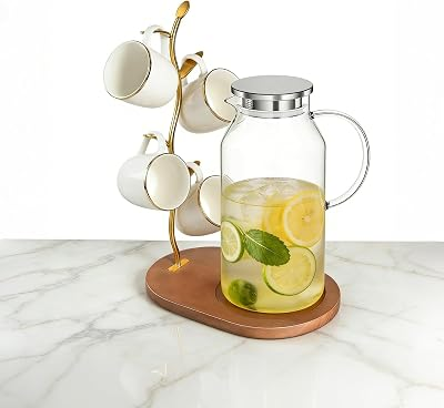 Gold Coffee Mug Tree with Wooden Base, 5-Hook Coffee Mug Stand for Kitchen Counter, Elegant Metal Mug Tree for Counter, Mug Holder for Coffee Mugs, Tea Cups, Home Decor & Housewarming Gift