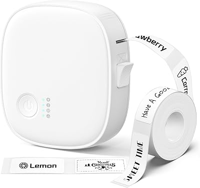 Mini Label Maker Machine with Tape AH-P05, Portable Bluetooth Mini Label Printer, Wireless Thermal Label Maker, Waterproof & Rechargeable, Built-in Cutter, for Home, Office, Kitchen – White