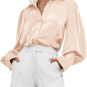BTFBM Women Satin Silk Blouse Button Down Long Sleeve Shirts,Beige,S