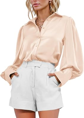 BTFBM Women Satin Silk Blouse Button Down Long Sleeve Shirts,Beige,S