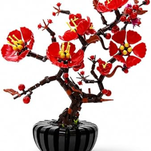 Plum Blossom Building Set – 599PCS Red Artificial Flowers with Black Pot Floral Botanical Collection Bonsai Building Blocks for Women Mom Home Decor Table Centerpiece Gift Anniversary Birthday