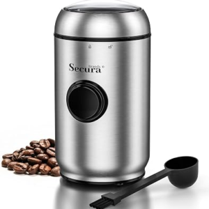 Secura Brands Electric Quiet Coffee Grinder, One-Touch Pulse Control Stainless Steel Coffee Grinder for Beans and Spices & Herbs, Silver