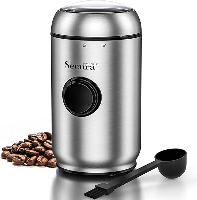 Secura Brands Electric Quiet Coffee Grinder, One-Touch Pulse Control Stainless Steel Coffee Grinder for Beans and Spices & Herbs, Silver