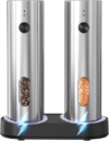 Electric Salt and Pepper Grinder Set with Charging Base,Stainless Steel Automatic Pepper Grinder Set Top-Refill,Flexible Coarsenes,110ml Larger Capacity with LED Light for Home Kitchen (2 pack)