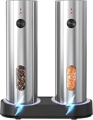 Electric Salt and Pepper Grinder Set with Charging Base,Stainless Steel Automatic Pepper Grinder Set Top-Refill,Flexible Coarsenes,110ml Larger Capacity with LED Light for Home Kitchen (2 pack)