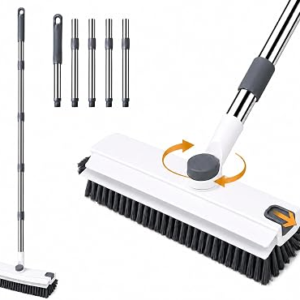 3-in-1 Floor Scrub Brush with Long Handle, Stiff Bristles & Squeegee