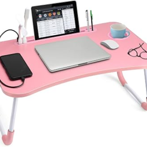Slendor Lap Desk with Cup Holder, Foldable Laptop Table for Bed, Portable Bed Desk for Laptop and Writing, Computer Tray with Tablet Slot, Notebook Stand Reading Holder for Couch Sofa Floor,Pink