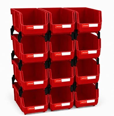 LEADLOONG 12 Pack Stackable Plastic Parts Bins, 7x5x4 in, Red