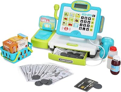 FS Pretend Play Calculator Cash Register Toy as Preschool Gift for Kids, Classic Count Toy with Sound, Microphone, Scanner, Pretend Credit Card, Play Food for Boys & Girls, Ages 3 4 5 6 7