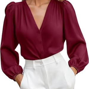 BTFBM Satin Blouses for Women Dressy Casual Button Down Shirts,Burgundy,S