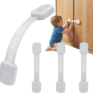 4-Pack Child Proof Cabinet Locks | No Drill Adjustable Strong Adhesive Straps, Toddler Baby Proofing for Cabinets Drawers Fridge Toilet Oven Cupboard