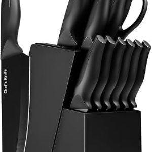 LINHAO 14-Piece Black Kitchen Knife Block Set
