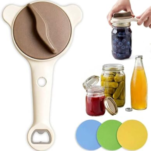4 in 1 Multi-Purpose Jar Opener, with 3pcs Rubber Jar Openers, Adjustable Stainless Steel Lid Remover for Seniors & Arthritis Sufferers, for Weak Hands, Fits Kitchen Jars, Bottles & Cans (Beige)