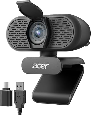 Acer 1080p Webcam USB Plug and Play Webcam for PC with Noise Cancellation Microphones Computer Camera for Desktop Streaming Gaming Online Meeting Wide Angle Privacy Cover A-to-C Adapter Easy Setup