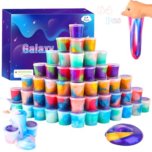 64 Pack Mini Bulk Galaxy Slime Kit Party Favors, Stretchy, Stress Relief, and Safe for Girls and Boys Classroom Reward, Easter Party Supplies,End of Year Student Gifts