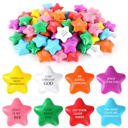 64 Pcs Christian Star Stress Balls Bulk for Kids Jesus Bible Quotes Motivational Balls Mini Foam Stress Relief Star Ball Toy Colorful Squeeze Fidget Office Stress Anxiety Relief Toy Party Favors