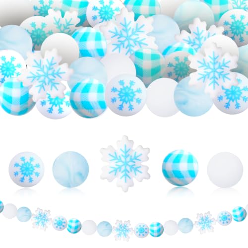 65Pcs Christmas Ice Snow Silicone Bead Set, 3D Winter Snowflake Focal Beads, 15mm Blue White Plaid Snowflake Printed Round Beads, DIY Christmas Winter Beaded Pens, Keychains, Bag Charms、Bracelets