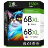 68XL 68e 68 Ink Cartridges Compatible for HP 68 Ink Cartridges Black/Color Combo Pack Replacement for HP Ink 68 Used for HP Envy 6155e 6555e 6152e 6552e 6558e Printer(1 Black,1 Color)