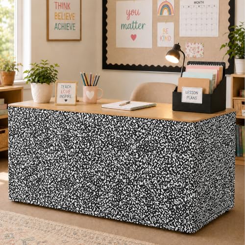 6FT Black and White Composition Table Skirt Teacher Desk Curtain Skirts for Classroom Decorations Rectangle Table Cover Skirt for Back to School Party Supplies Kindergarten Office Bookcase Cabinet