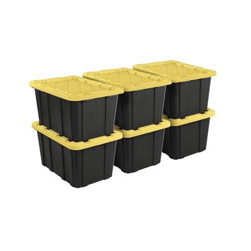 6 Pack 27 Gallon Large Storage Bin, Plastic Storage Totes With Secure Snap Lid, Multipurpose Container For Home, Garage And Warehouse, Black Yellow