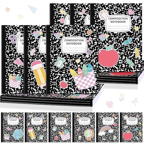 6 Pack Large Composition Notebooks Bulk 9.8 × 7.5 in Wide Ruled Hard Cover Composition Book Assorted Marble Journal College Ruled Paper for College Office Back to School Supplies(Black and White)