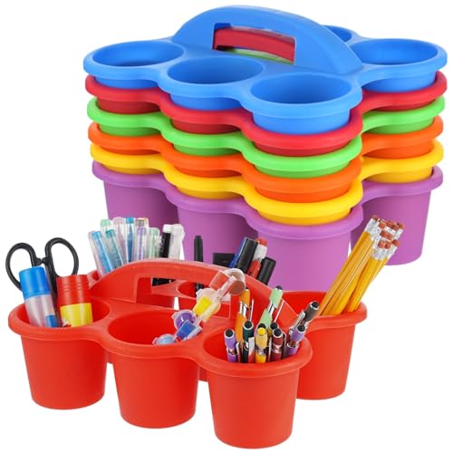 6 Pcs Classroom Caddy Organizer, Desktop Plastic Caddy with Handle and 6 Compartments, Multicolor Drink Holder for Crayons, Pencils, Markers and Office Supplies, Desk, Shelf and Countertop Use