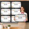 6Pcs Composition Book Bulletin Board Decoration Paper Composition Notebook Classroom Labels Names Tags Large Desk Name Plates 23.6 x 15.7 Inch Bulletin Board Trim for School Wall Door Teacher Supplies