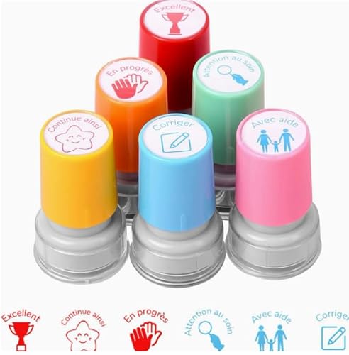 6 Pcs Self Inking Reward Stamps for Homework, Colorful French Reward Stamp Set with Encouraging Phrases and Patterns, Helpful Supplies for Grading Homework, Bilingual and French Immersion Use