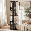6 Tier Rotating Bookshelf Tower, 360° Black Spinning Bookshelf with LED Lights & 14" Lazy Susan for Small Spaces, Corner Revolving Bookcase,Wood Vertical Book Shelf Organizer for Bedroom Living Room