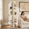 6 Tier Rotating Bookshelf Tower, 360° White Spinning Bookshelf w/LED Lights
