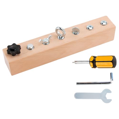 7-Hole Screw Combination Set, Wooden Fine Motor Skills Toy for Early Learning and Young Learners, Educational Screw-Tightening Busy Board with Wrenches and Screwdriver, Multicolor, 7.9 in / 20 cm