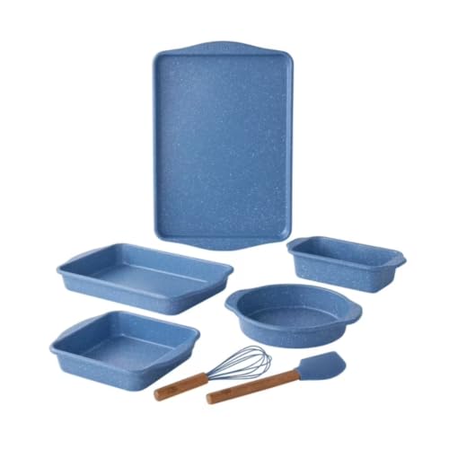 7-Piece Nonstick Aluminized Steel Bakeware Set, Blue Speckled Baking Pan Set with Cookie Sheet, Cake Pan, Square Pan, Round Pan, Loaf Pan, Silicone Spatula and Whisk for Home Baking