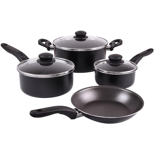 7-Piece Nonstick Aluminum Cookware Set with Lids, Includes 1QT/2QT Saucepan, 4QT Dutch Oven & 8in Skillet, Black Non-Stick Coating, Not Induction & Oven Safe, Residential Daily Kitchen Use