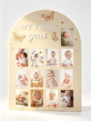 My First Year Photo Frame, Wooden Milestone Keepsake with Pre-marked 12 Monthly Infant Development Picture Slots, Wall Mountable Photo Board for Baby 1st Birthday Celebration, Lovely Shower Gift