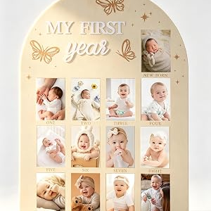 My First Year Photo Frame, Wooden Milestone Keepsake with Pre-marked 12 Monthly Infant Development Picture Slots, Wall Mountable Photo Board for Baby 1st Birthday Celebration, Lovely Shower Gift