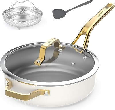 10-in-1 White Ceramic Nonstick Deep Saute Pan Set With Steamer & Lid, 4QT | 10''.PFAS-free frying pan.non-toxic.Induction ready. Oven safe to 480°F. Cool-touch handle. Dishwasher safe. Perfect for RVs!