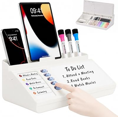 Desk Organizer with Small Dry Erase Whiteboard for Office School, Blue | Small Dry Erase Board with Drawer & Phone Tray, Marker Holder, Desk Accessories Memo Notepad To Do List for Home Office